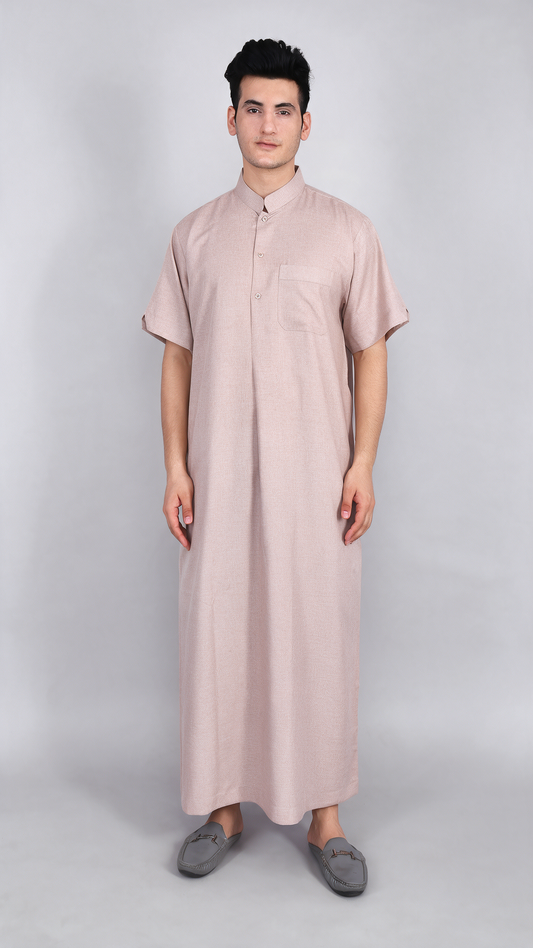 Kuwaiti Collar Mens Thobe - Half Sleeves - Beige