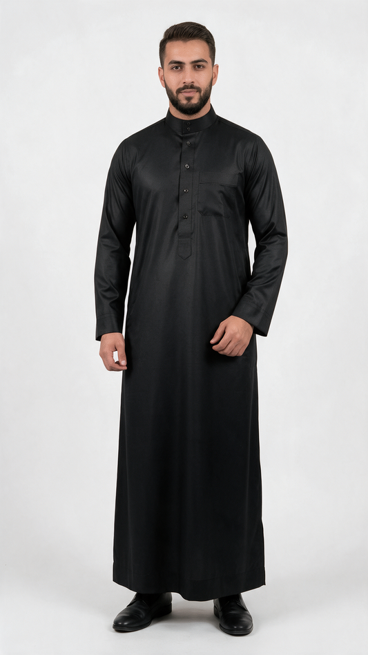 Imported Vietnam Shiny Fabric Mens Collar Thobe - Full Sleeves - Black