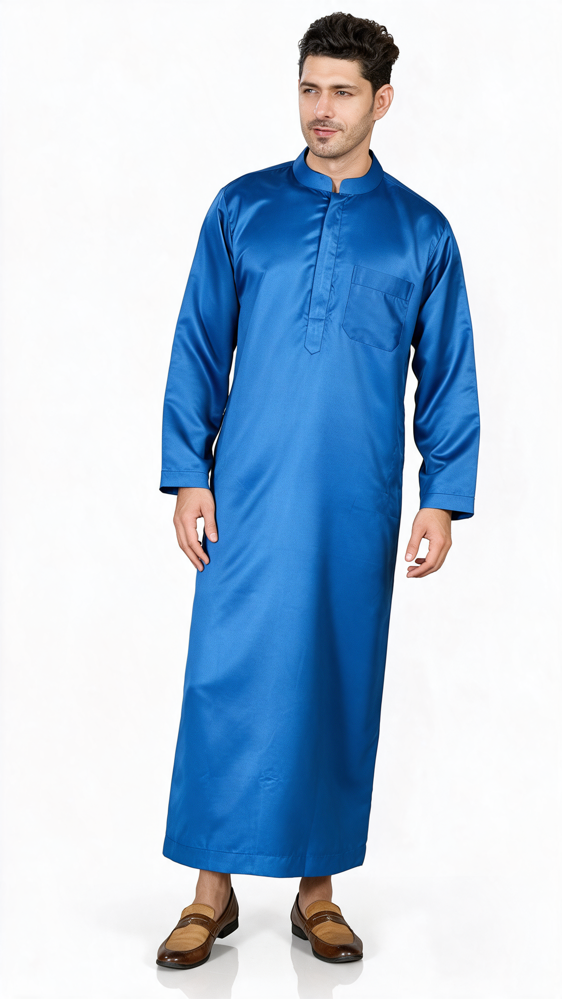 Full Sleeves Collar Men's Thobe - Indian Shiny Fabric - Navy Blue