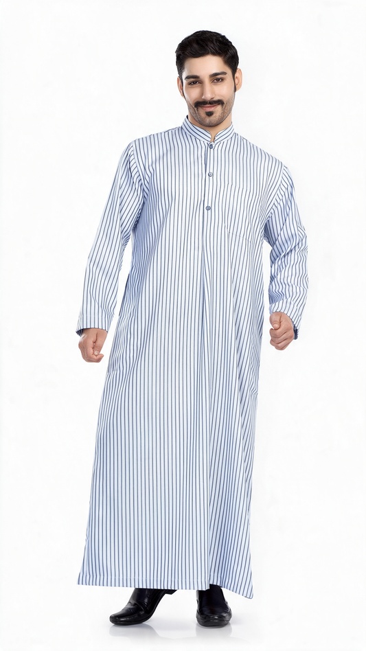 Kuwaiti Collar Mens Thobe - Full Sleeves Stripes - THST - Blue