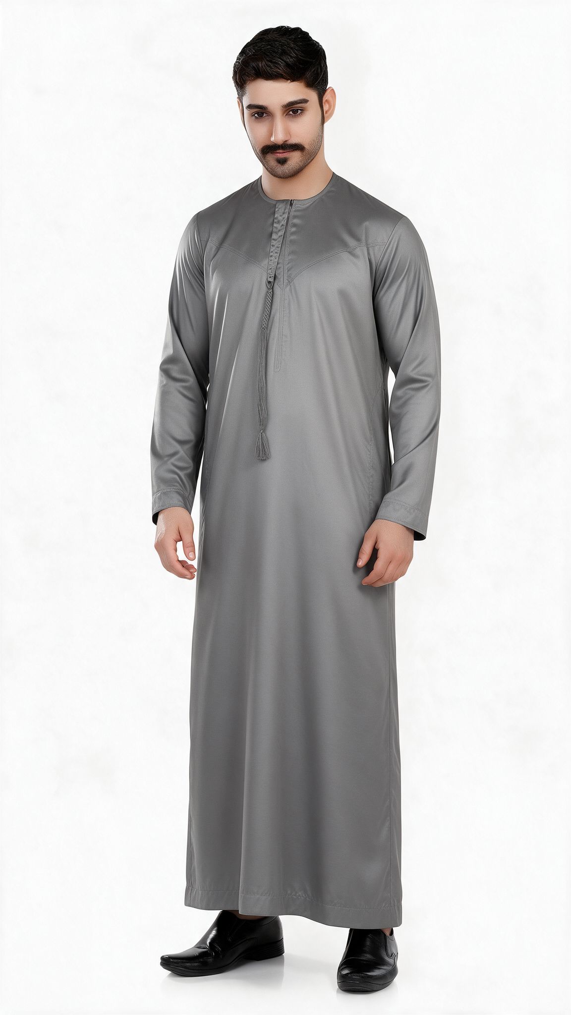 Indian Shiny Fabric Emirati Mens Omani Thobe - Full Sleeves - Grey
