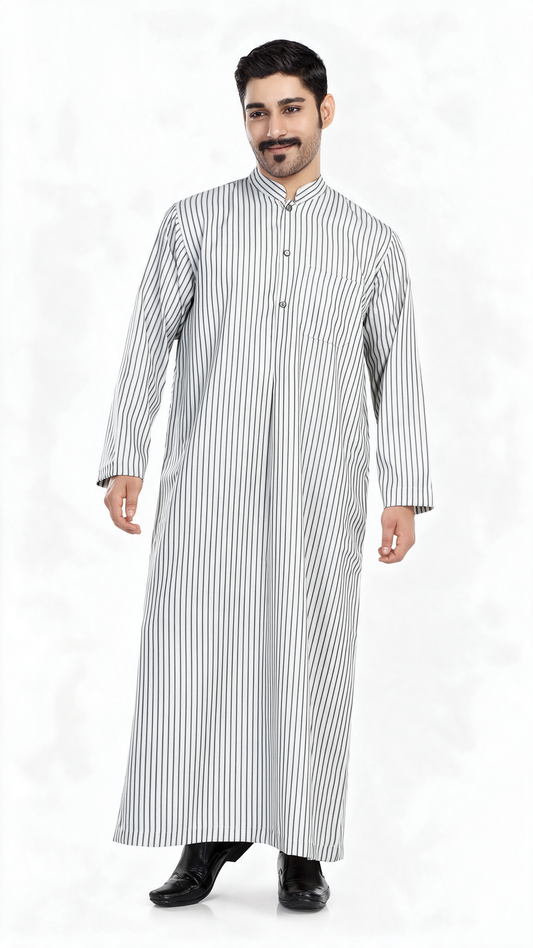 Kuwaiti Collar Mens Thobe - Full Sleeves Stripes - THST - Light Brown stripes (International Saudi Size)