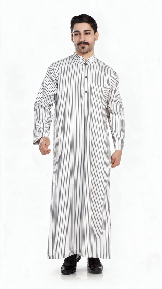 Kuwaiti Collar Mens Thobe - Full Sleeves Stripes - THST - Light Green stripes (International Saudi Size)