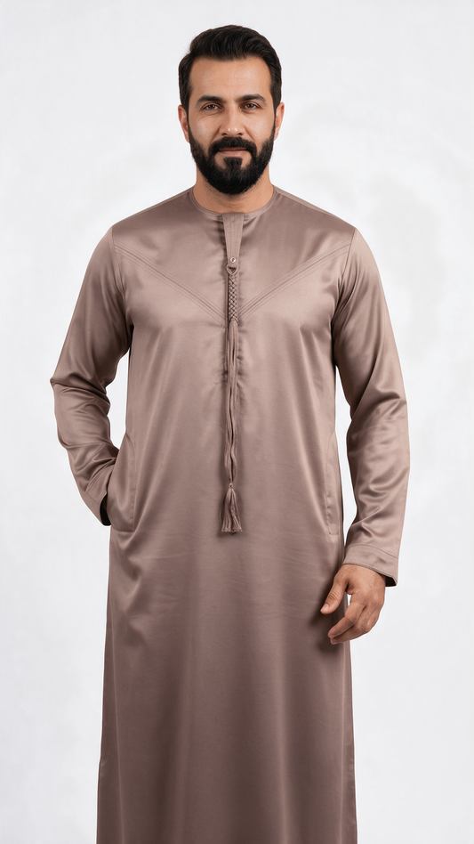 Indian Shiny Fabric Emirati Mens Omani Thobe - Full Sleeves - Rose Gold