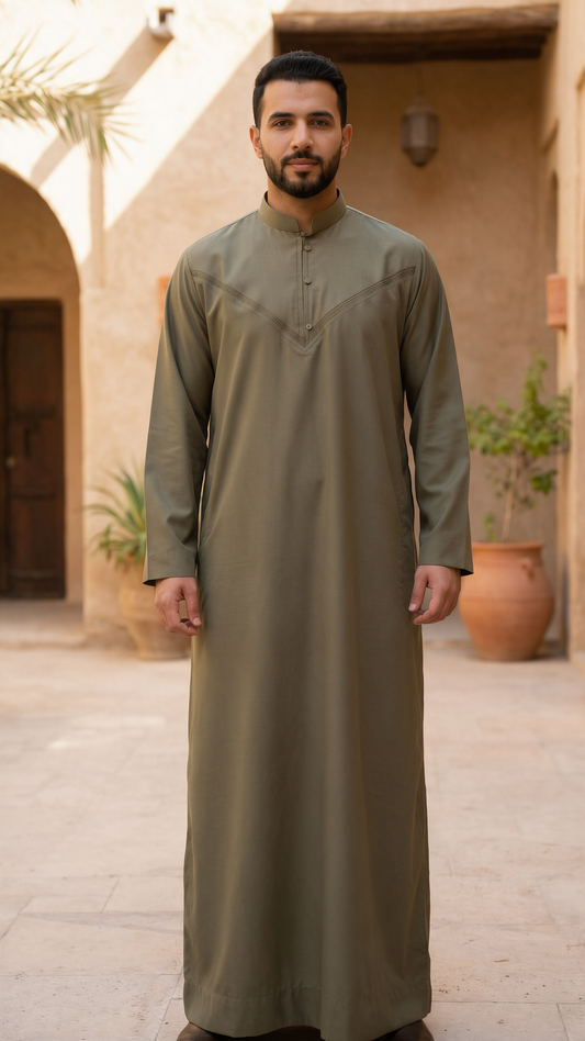 Mens Collar Omani Thobe - Full Sleeves - Olive Green