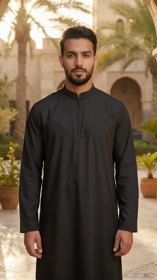 Mens Collar Omani Thobe - Full Sleeves - Black