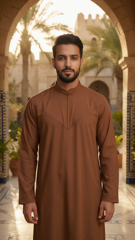Mens Collar Omani Thobe - Full Sleeves - Brown