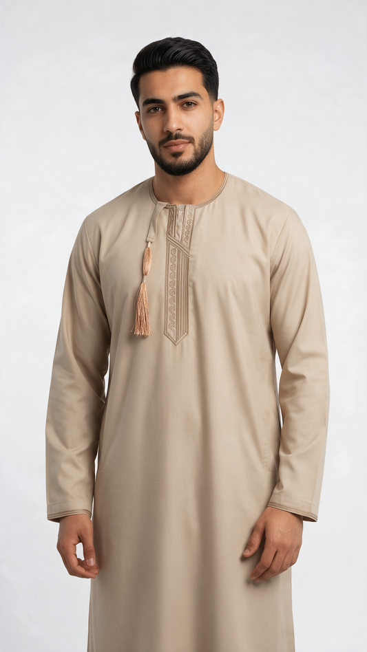 Taj Omani Dishdasha Full Sleeves- (Design 3) - Camel