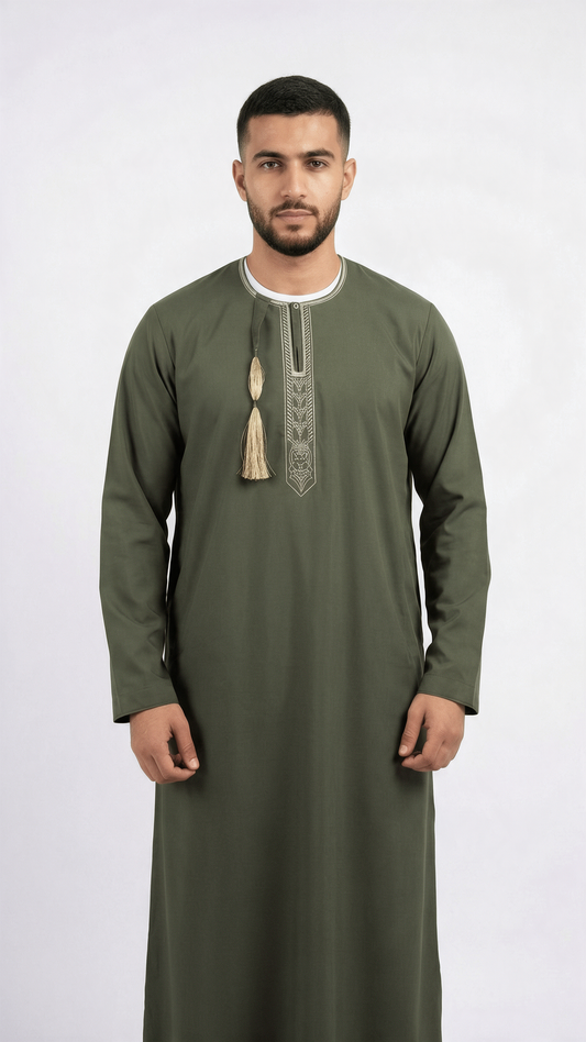 Taj Omani Dishdasha Full Sleeves (Design 1) - Olive Green