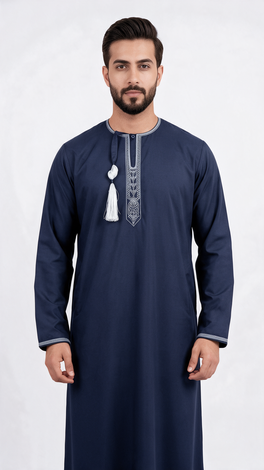 Taj Omani Dishdasha Full Sleeves (Design 1) - Navy Blue