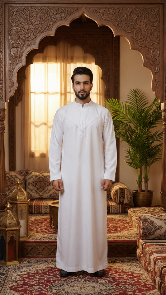 Mens Collar Omani Thobe - Full Sleeves - White