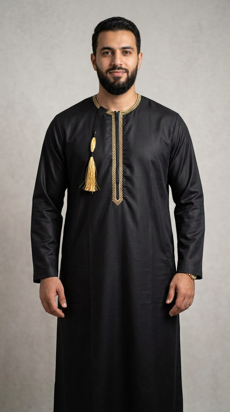 Taj Omani Thobe Full Sleeves - Mens - (Design 1) - Black