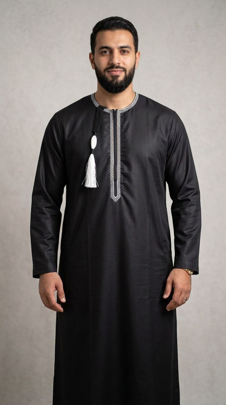 Taj Omani Thobe Full Sleeves - Mens - (Design 2) - Black