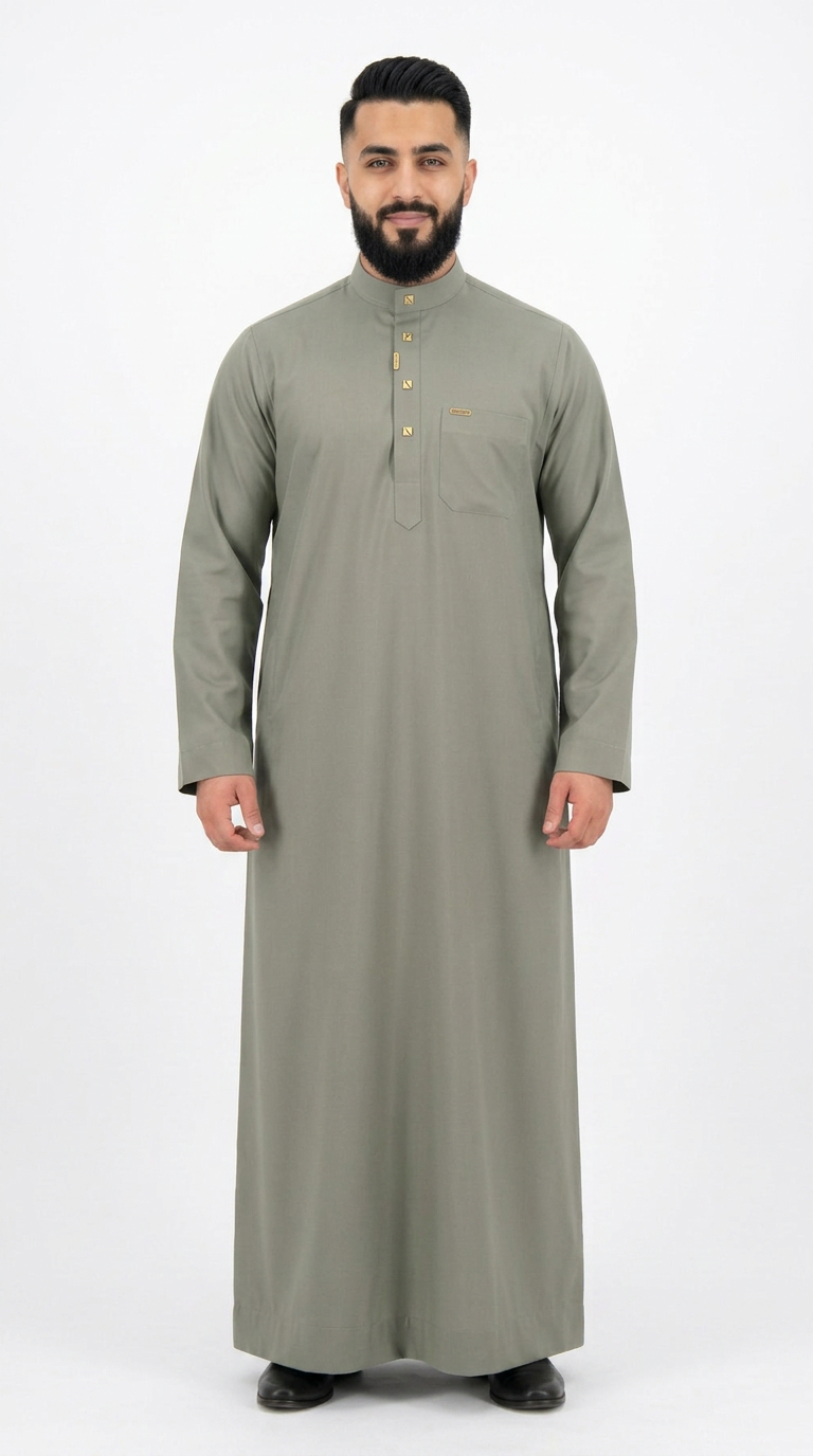 Saudi Collar Thobe Clip - Premium TR Fabric - Oiive Green