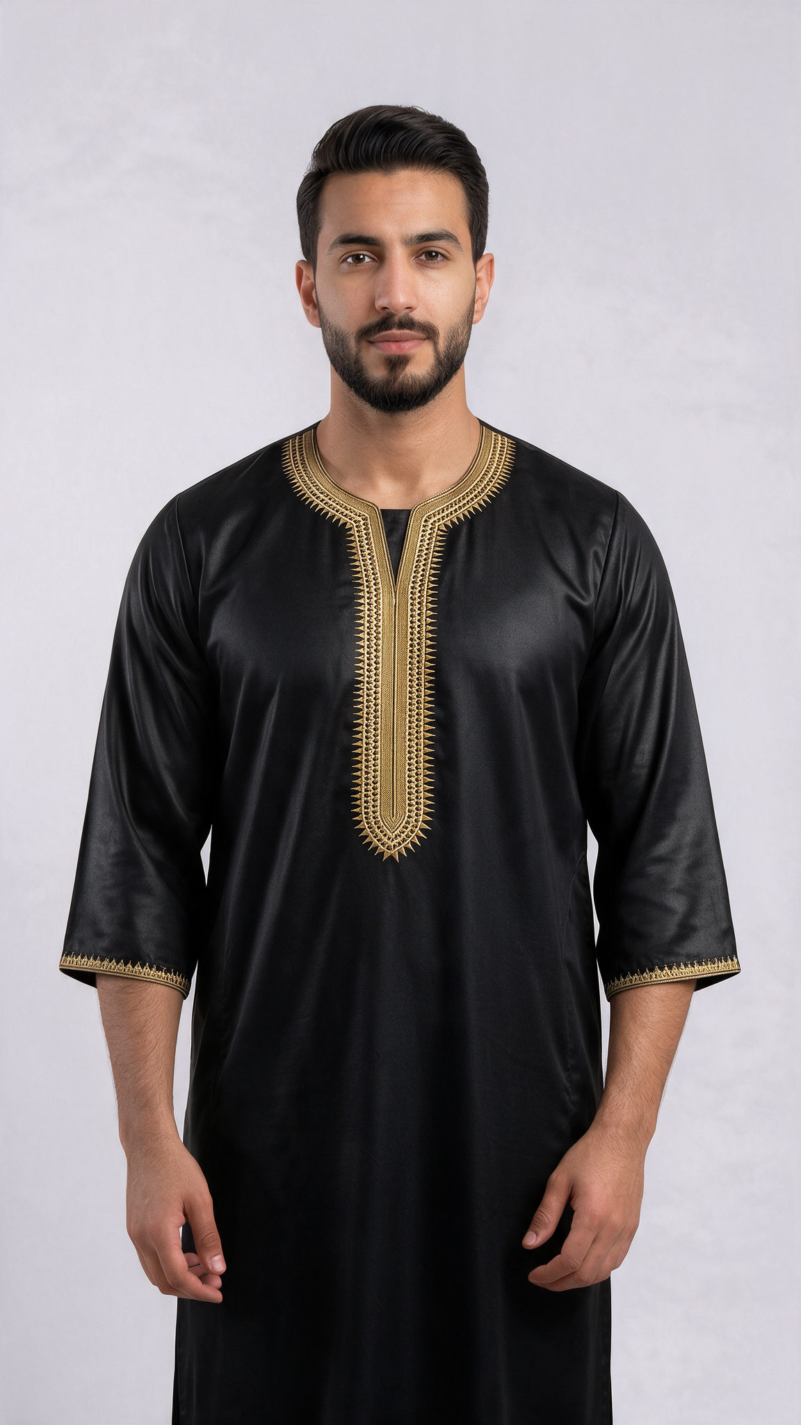 Indian Shiny Fabric Morocco Thobe - 3/4 Sleeves - Best - Black  (Design 3)