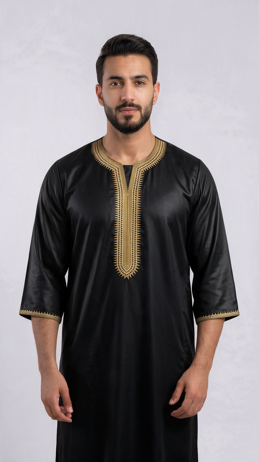 Indian Shiny Fabric Morocco Thobe - 3/4 Sleeves - Best - Black  (Design 3)