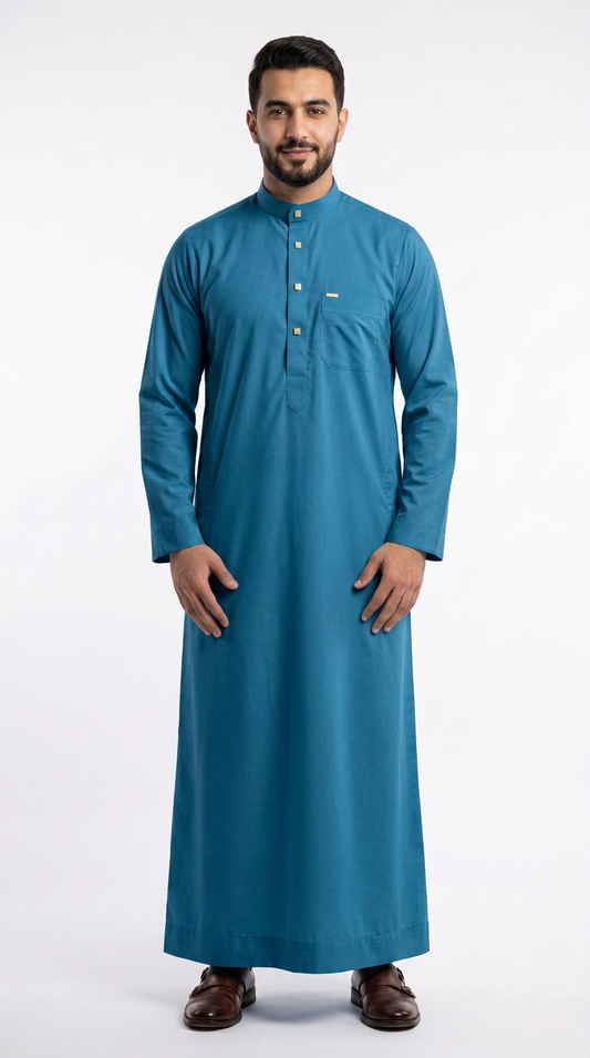 Saudi Collar Thobe - PV Fabric - Deep Sea Blue