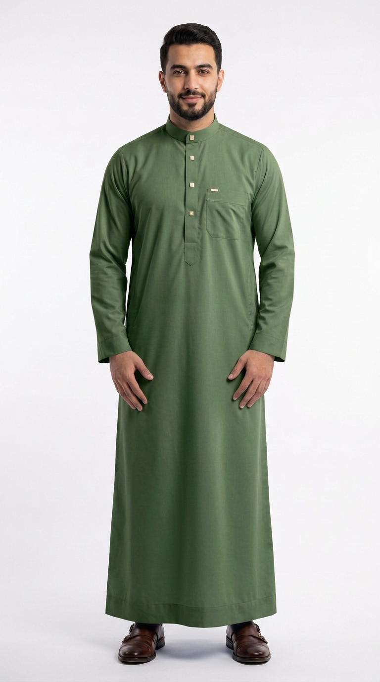 Saudi Collar Thobe - PV Fabric - Green