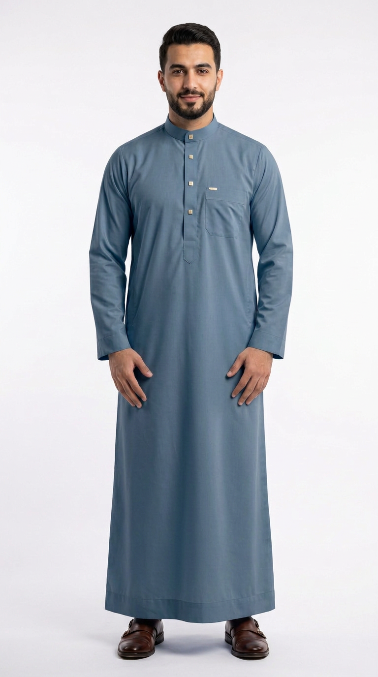 Saudi Collar Thobe - PV Fabric - Steel Blue
