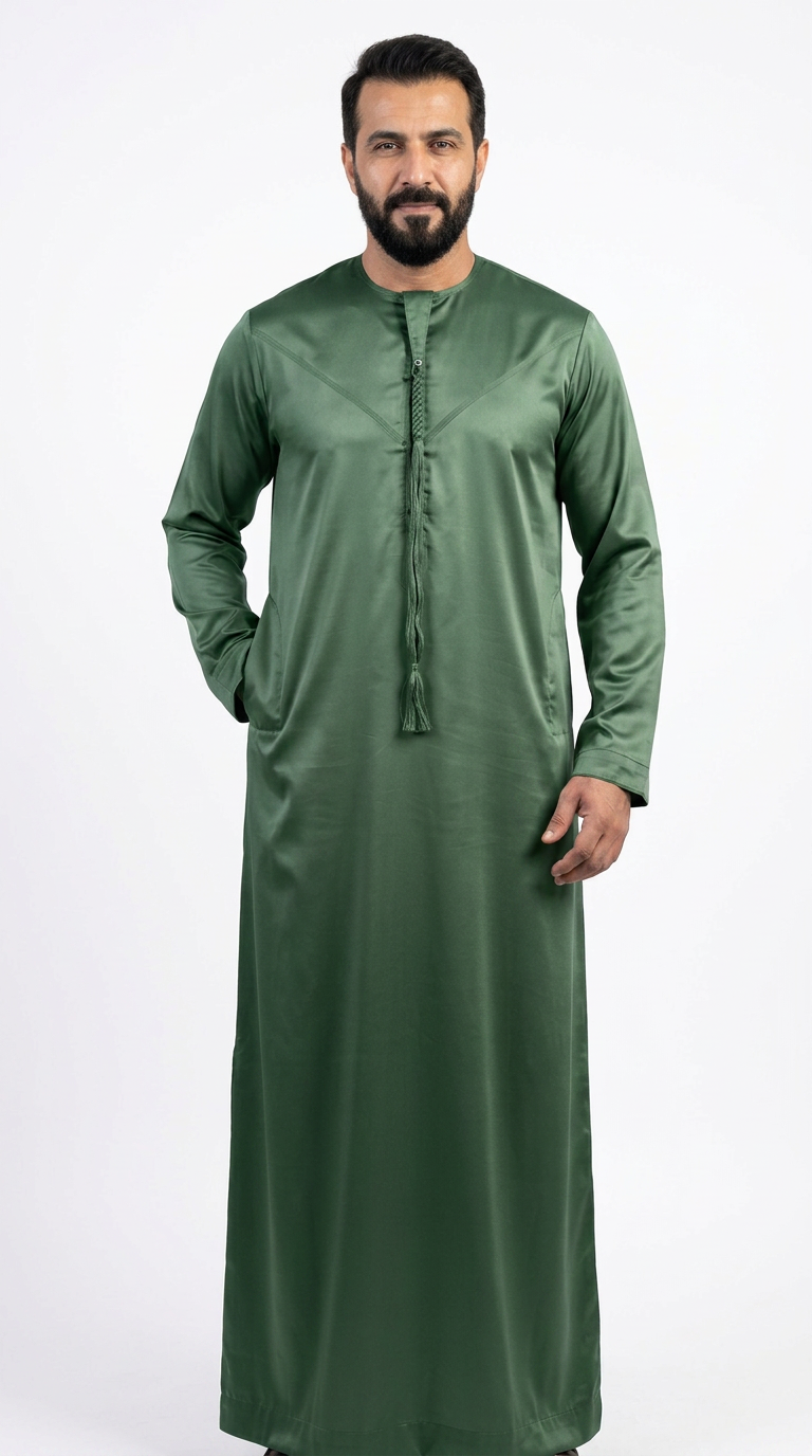 Indian Shiny Fabric Emirati Mens Omani Thobe - Full Sleeves - Green