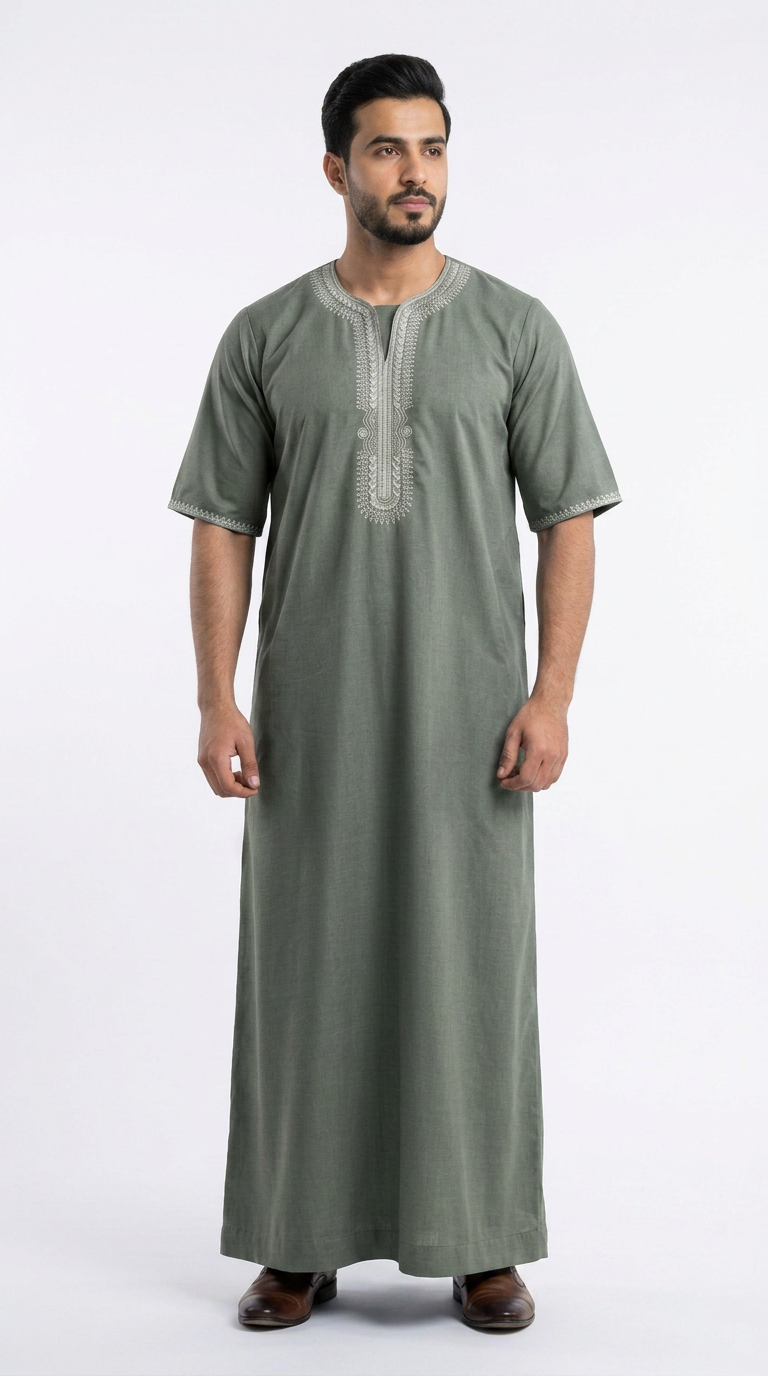मोरक्कन कढ़ाई पुरुष थोब - आधी आस्तीन - एजियन
