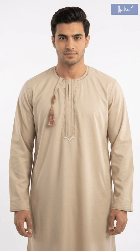 Taj Omani Dishdasha Full Sleeves (Design 1)  - Camel