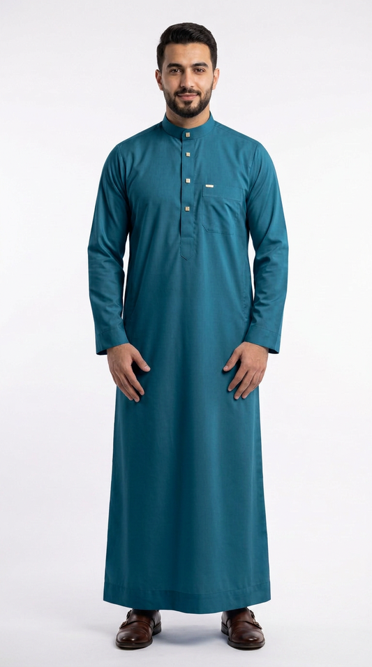 Saudi Collar Thobe - PV Fabric - Peacock Green