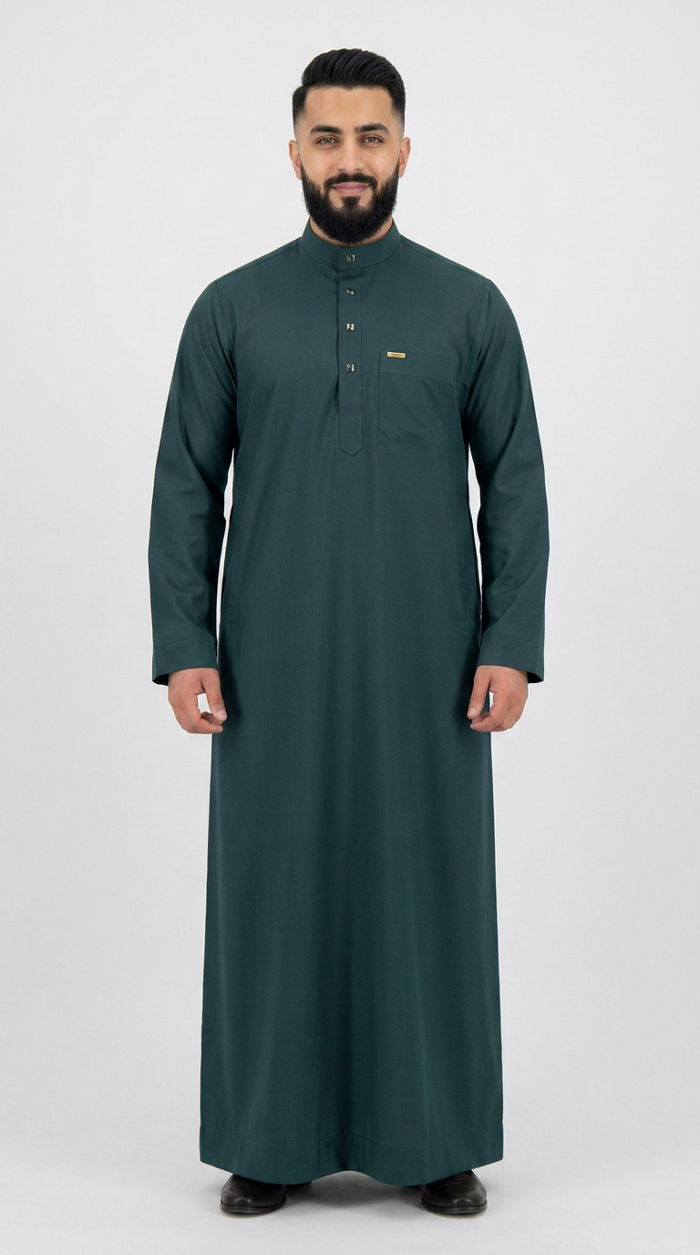 Saudi Collar Thobe Clip - Premium TR Fabric - Bottle Green