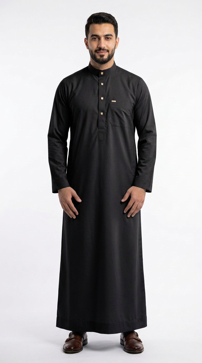 Saudi Collar Thobe - PV Fabric - Black