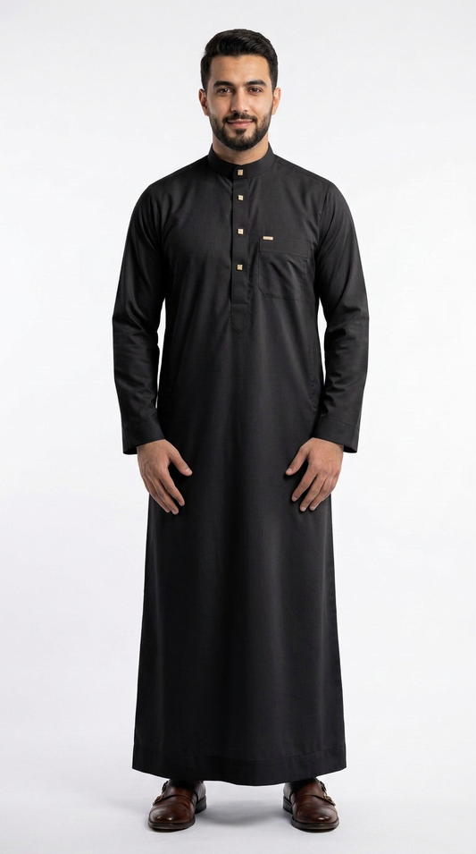 Saudi Collar Thobe - PV Fabric - Black