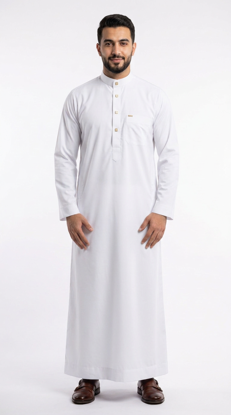 Saudi Collar Thobe - PV Fabric - White
