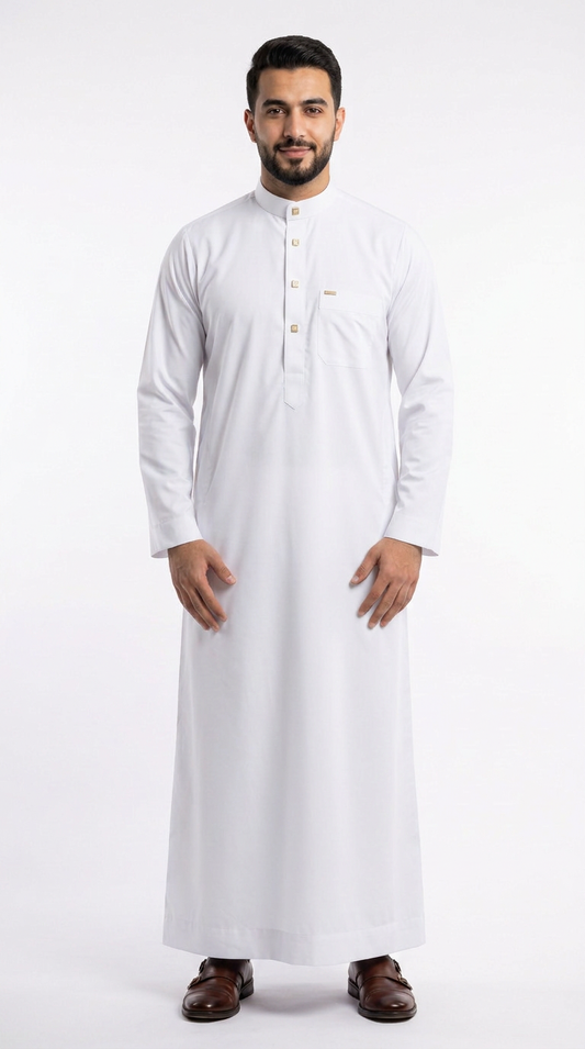 Saudi Collar Thobe - PV Fabric - White