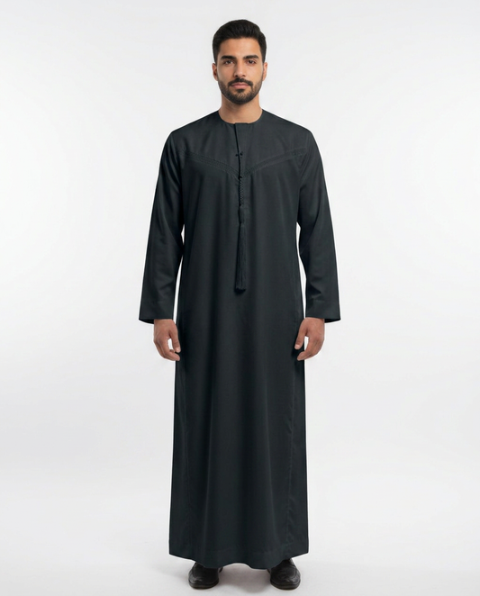 Emirati Mens Omani Thobe - (Embroidery Design 1) - Black