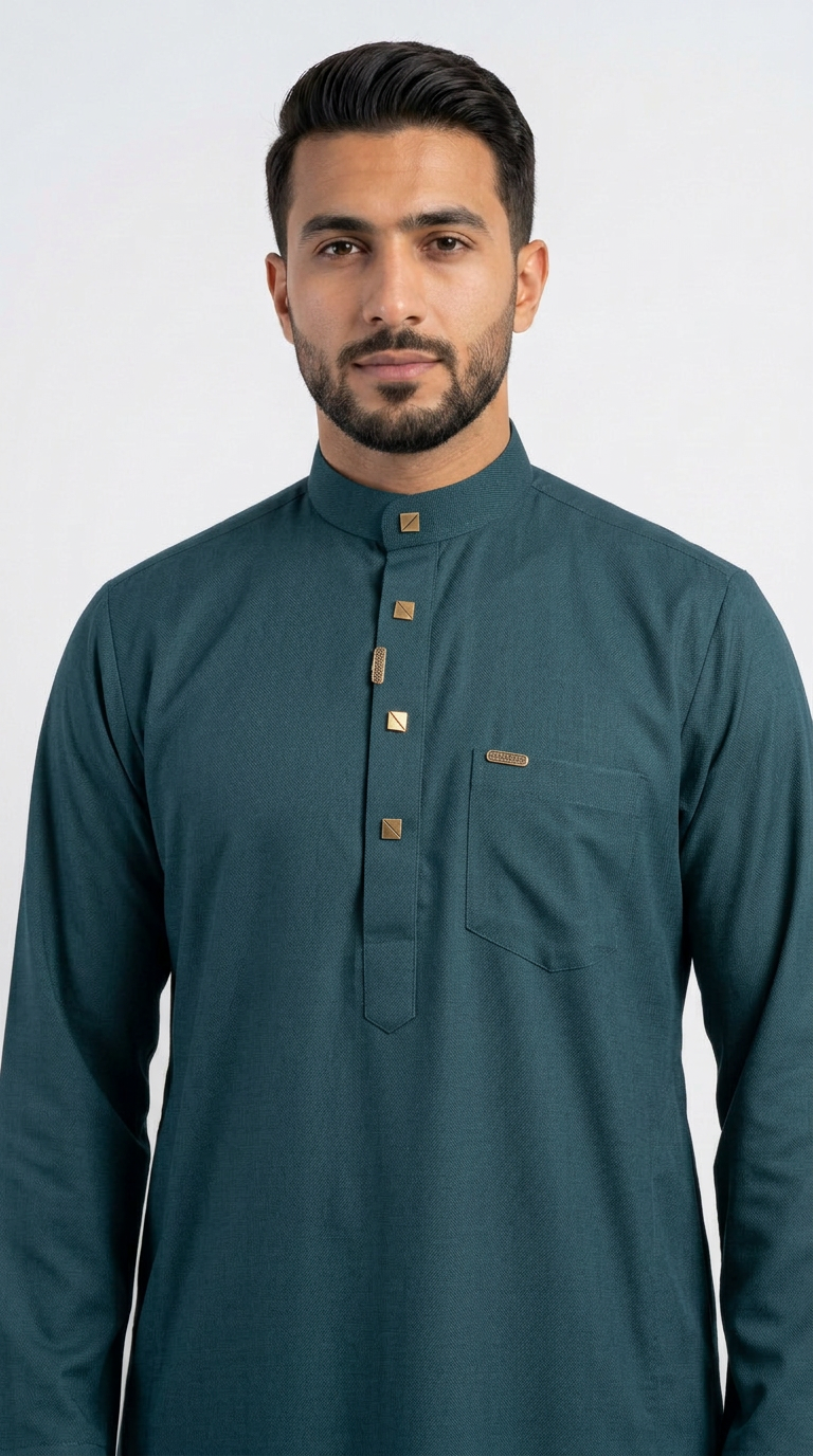 Saudi Collar Thobe Clip - Premium TR Fabric - Bottle Green