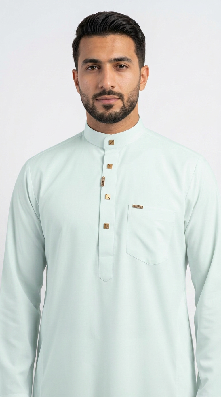 Saudi Collar Thobe Clip - Premium TR Fabric - Mint