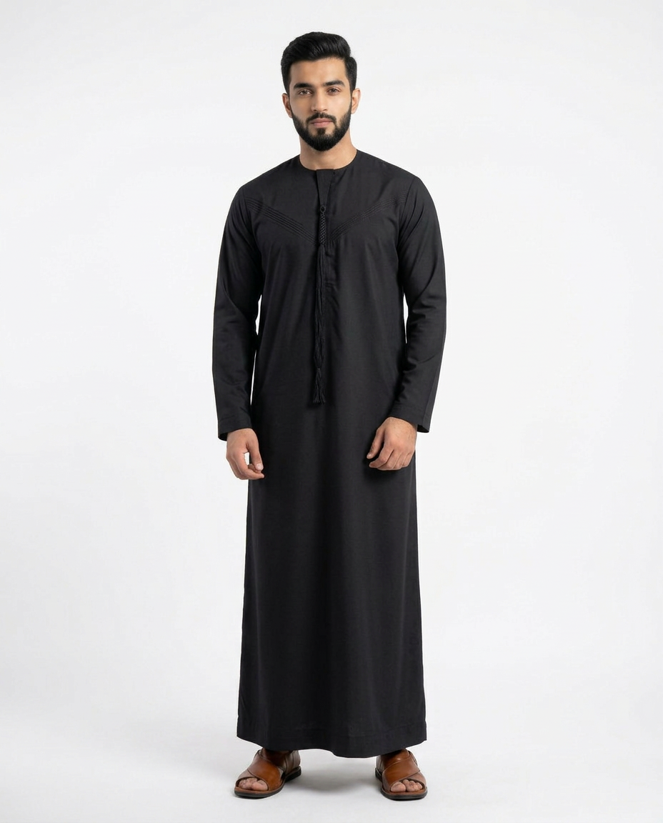 Emirati Mens Omani Thobe - (Embroidery Design 3) - Black