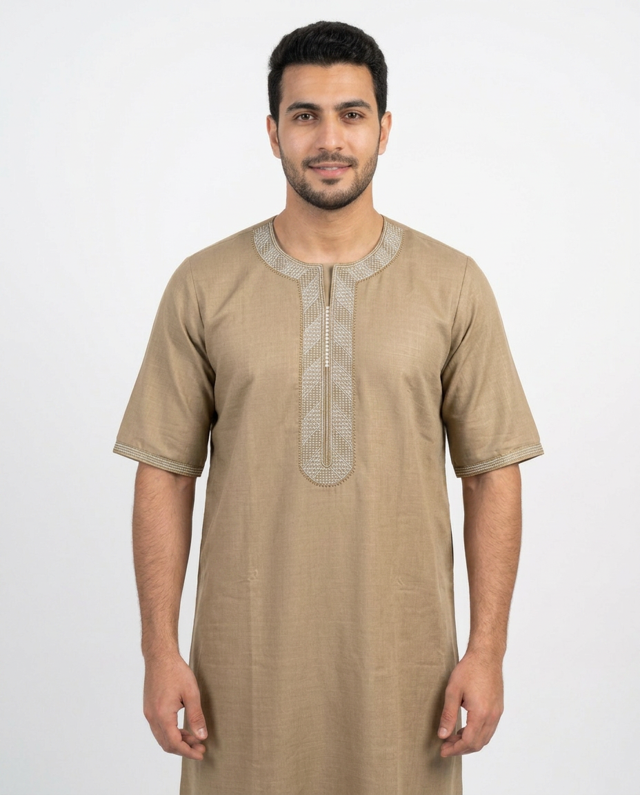 Moroccan Embroidery Mens Thobe - 3/4th Sleeve Beige