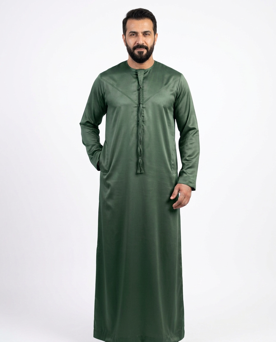 Indian Shiny Fabric Emirati Mens Omani Thobe - Full Sleeves - Green