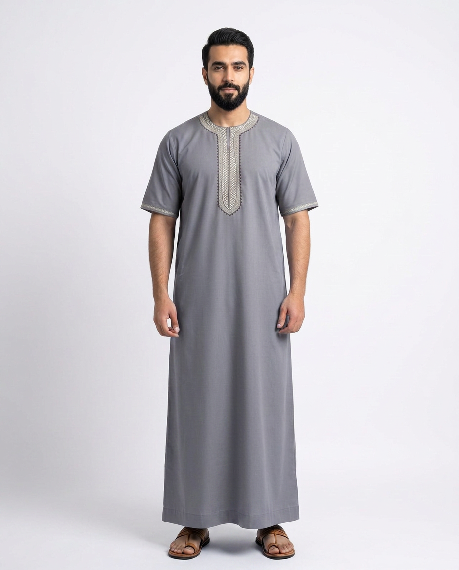 Moroccan Embroidery Mens Thobe - 3/4th Sleeve Light Grey