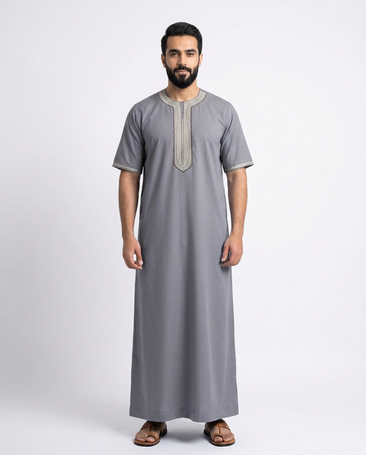Moroccan Embroidery Mens Thobe - 3/4th Sleeve Light Grey