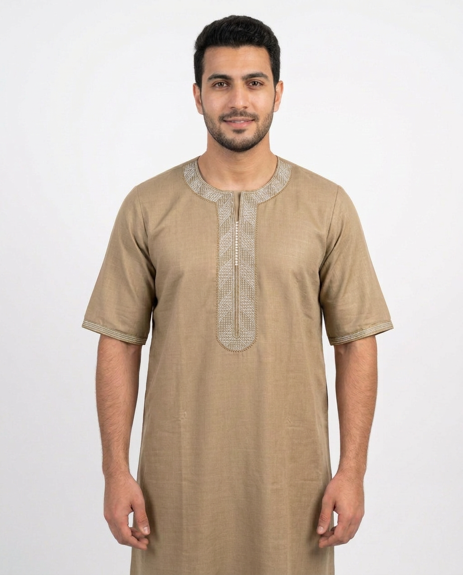 Moroccan Embroidery Mens Thobe - 3/4th Sleeve Beige