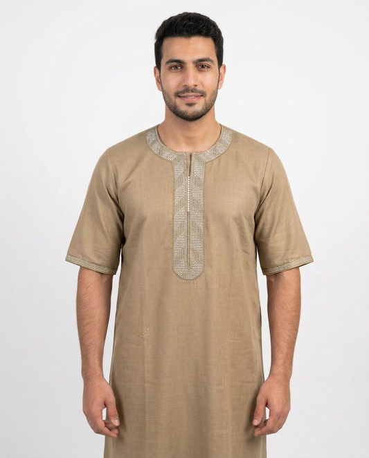 Moroccan Embroidery Mens Thobe - 3/4th Sleeve Beige