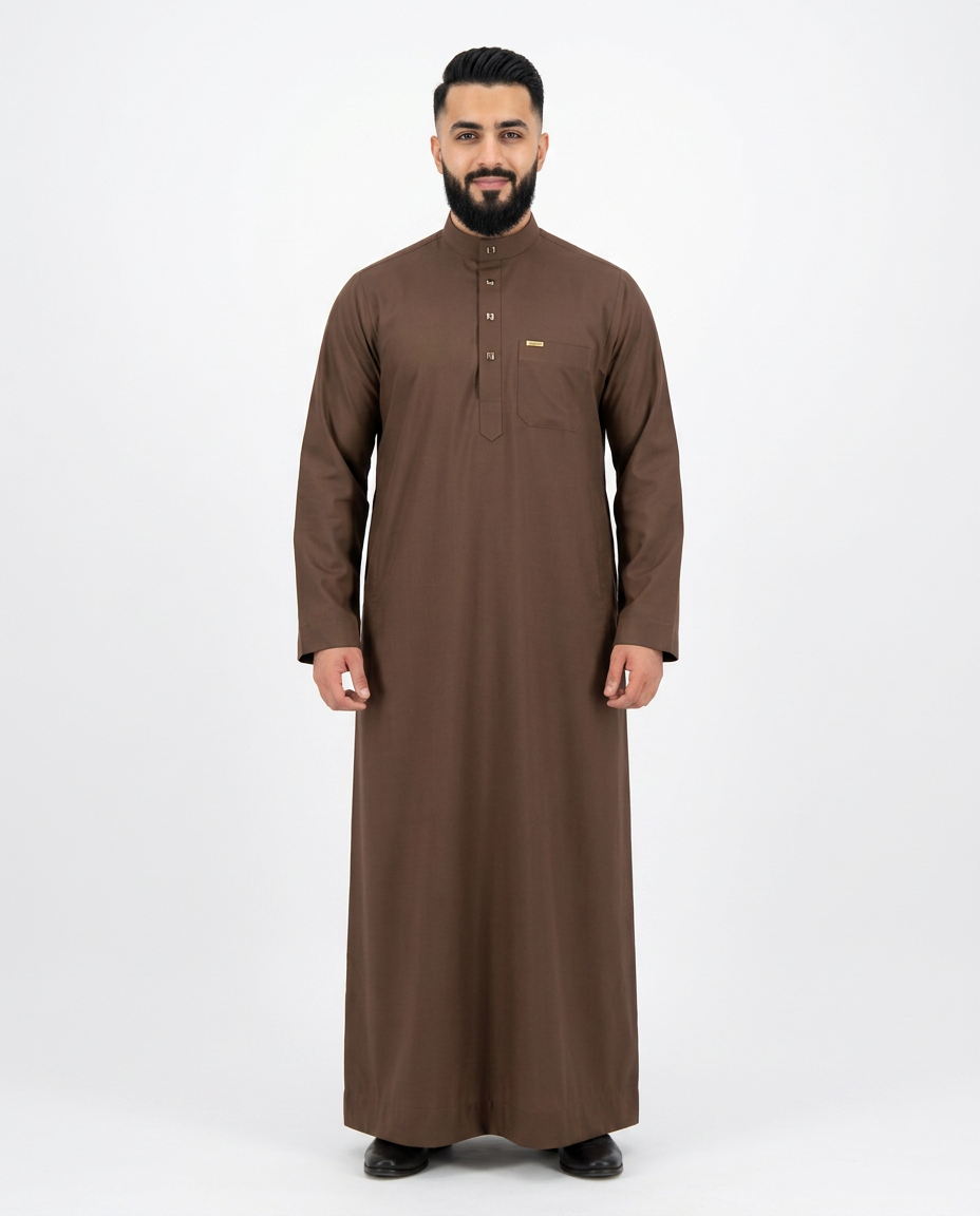 Saudi Collar Thobe Clip - Premium TR Fabric - Brown