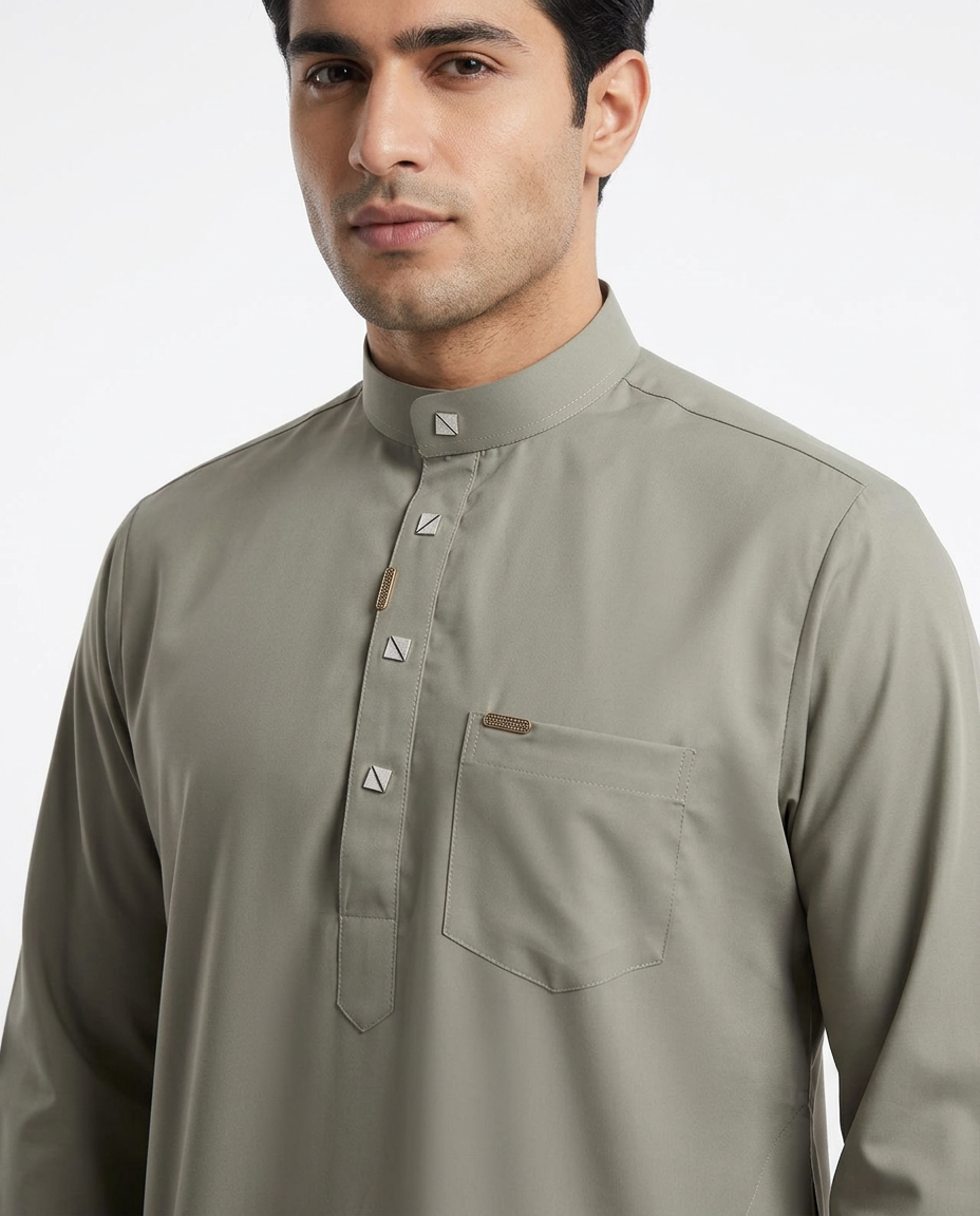 Saudi Collar Thobe Clip - Premium TR Fabric - Oiive Green