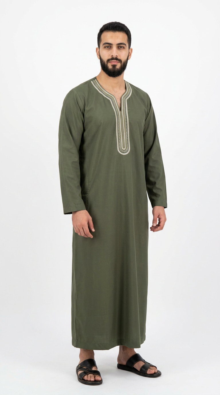 Moroccan Embroidery Mens Thobe - Full Sleeves - Olive Green