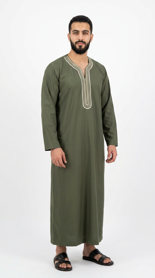 Moroccan Embroidery Mens Thobe - Full Sleeves - Olive Green