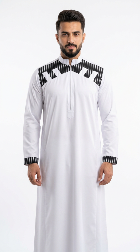Imported Vietnam Shiny Fabric Mens Collar Thobe - Full Sleeves - White