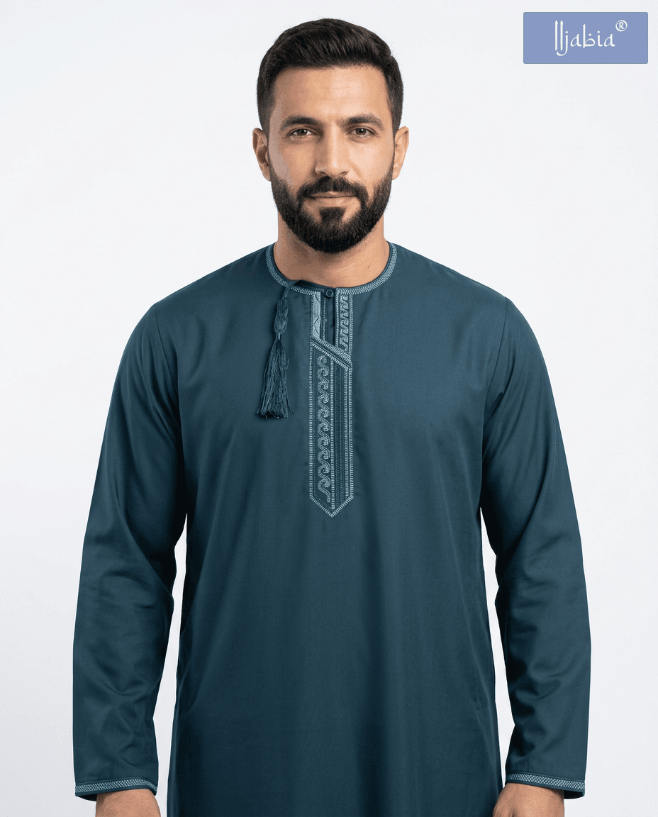 Taj Omani Dishdasha Full Sleeves (Design 3) - Deep Sea Blue