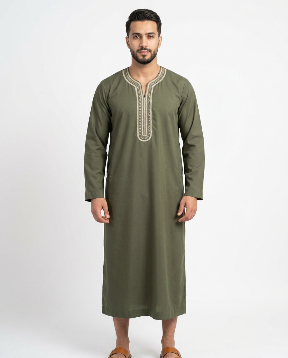 Moroccan Embroidery Mens Thobe - Full Sleeves - Olive Green