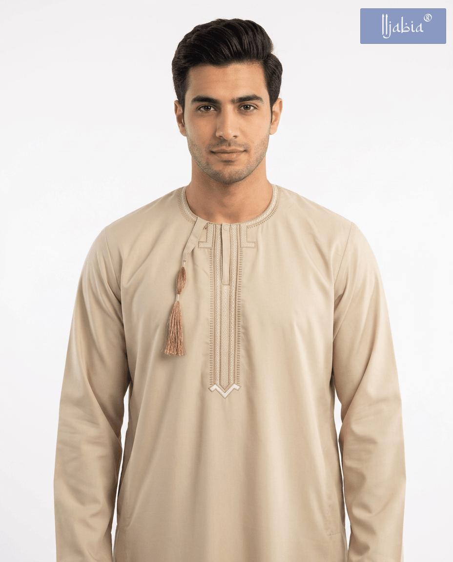 Taj Omani Dishdasha Full Sleeves (Design 1)  - Camel